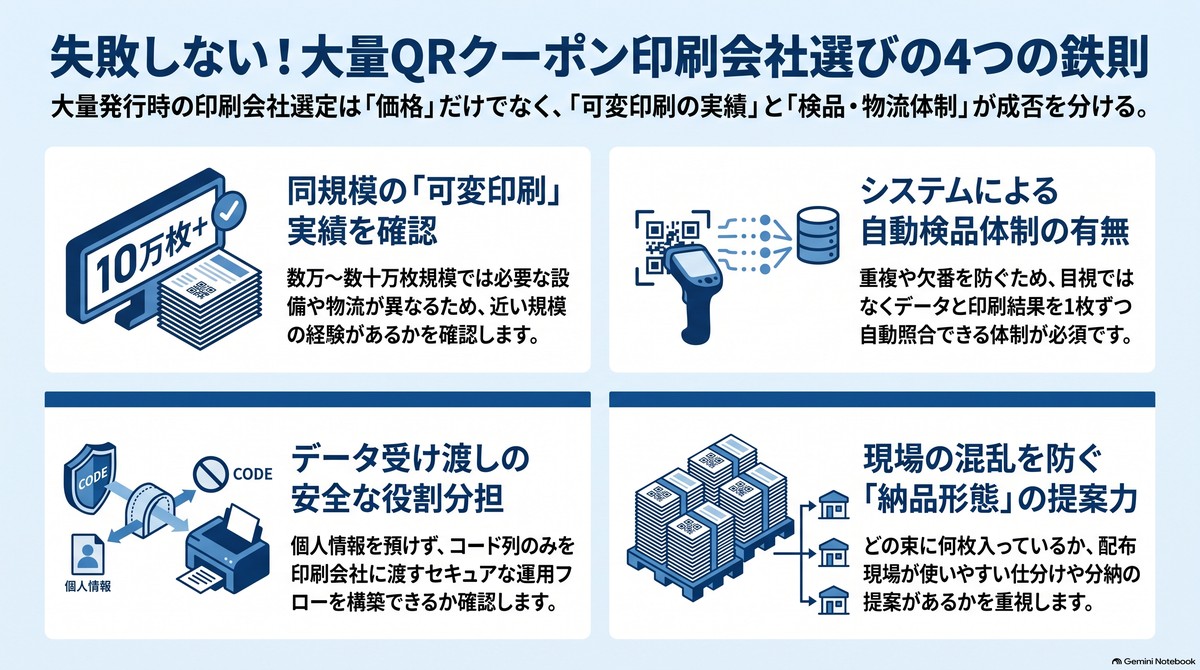 大量のユニークQRコード付きクーポン、印刷会社選びの4つの鉄則
