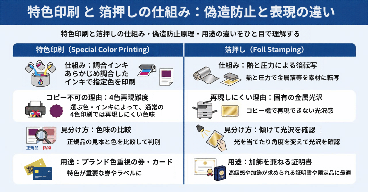 特色印刷と箔押しの仕組み・偽造防止の原理・用途の違い